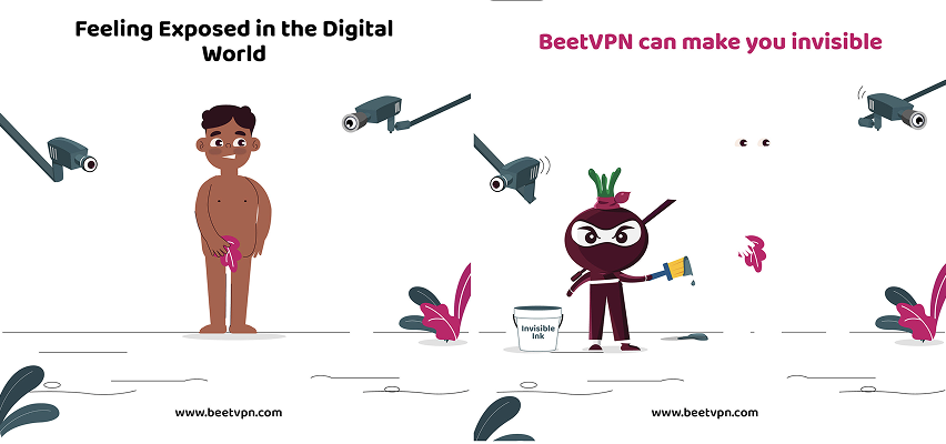 BeetVPN social post showing a person exposed online and then made invisible by Beet Ninja