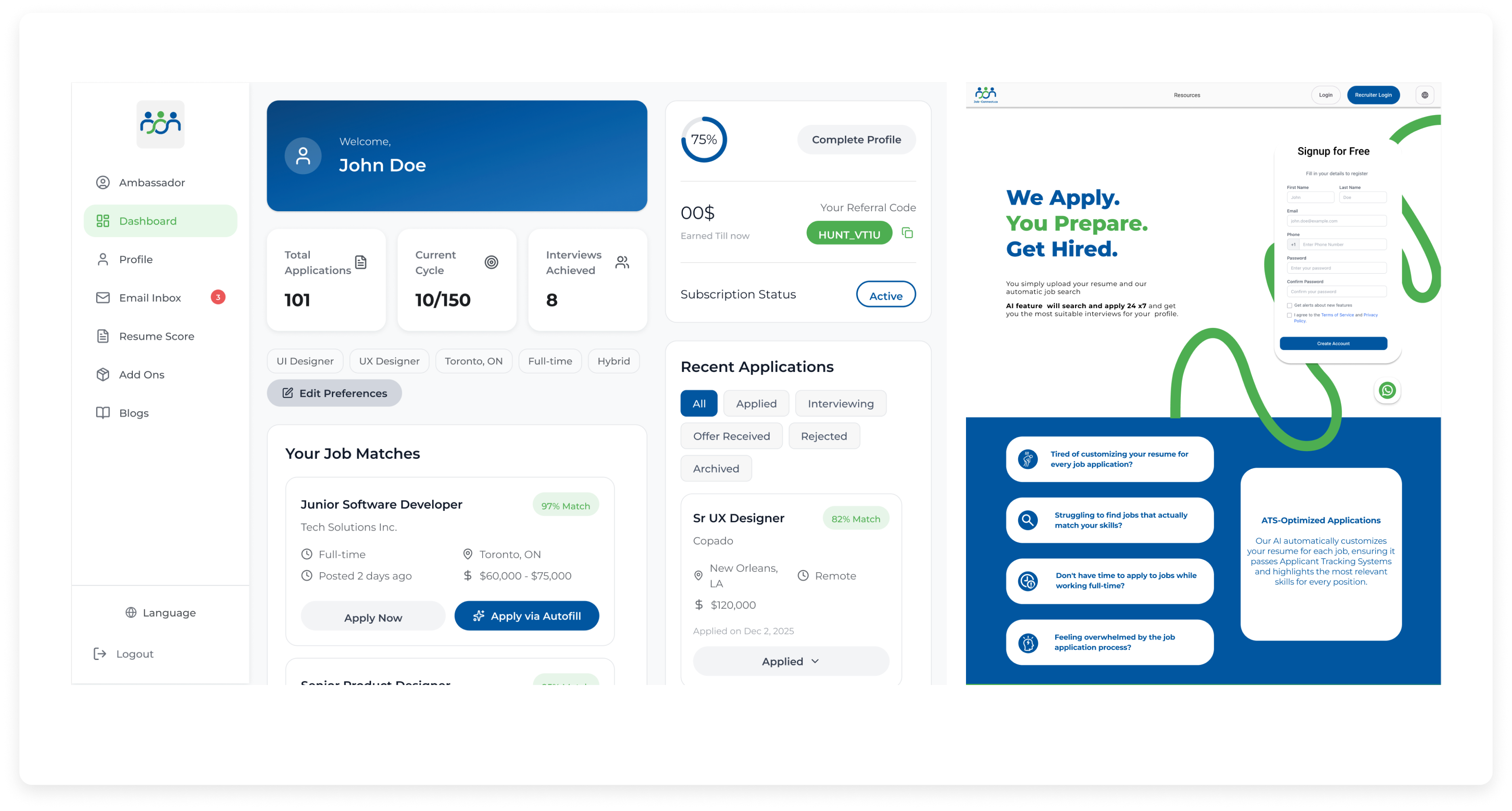 Job Connect dashboards and recruitment platform interface