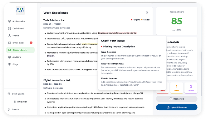 Job Connect resume assistant with priority-coded suggestions and match score