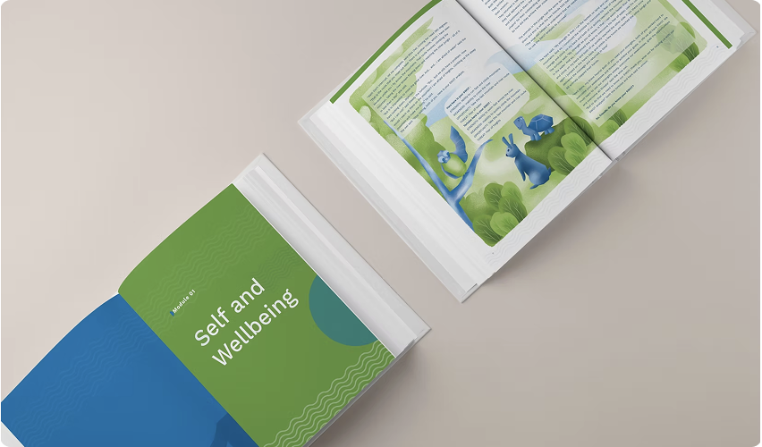 Quest Alliance student workbook shown as two printed books